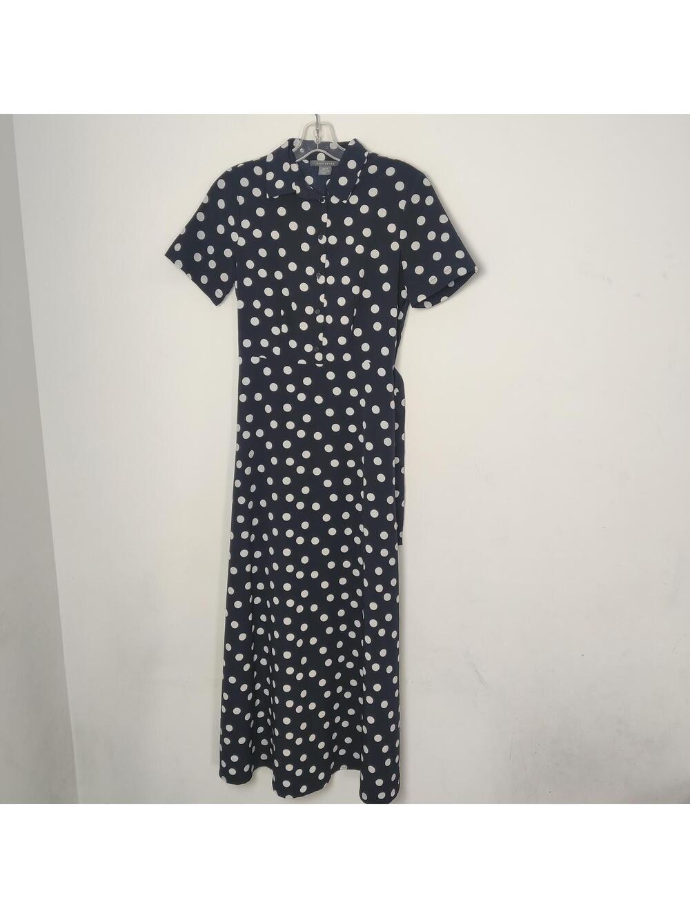Suzy Shier XS Black White Polka Dot Shirt Dress Maxi Collared